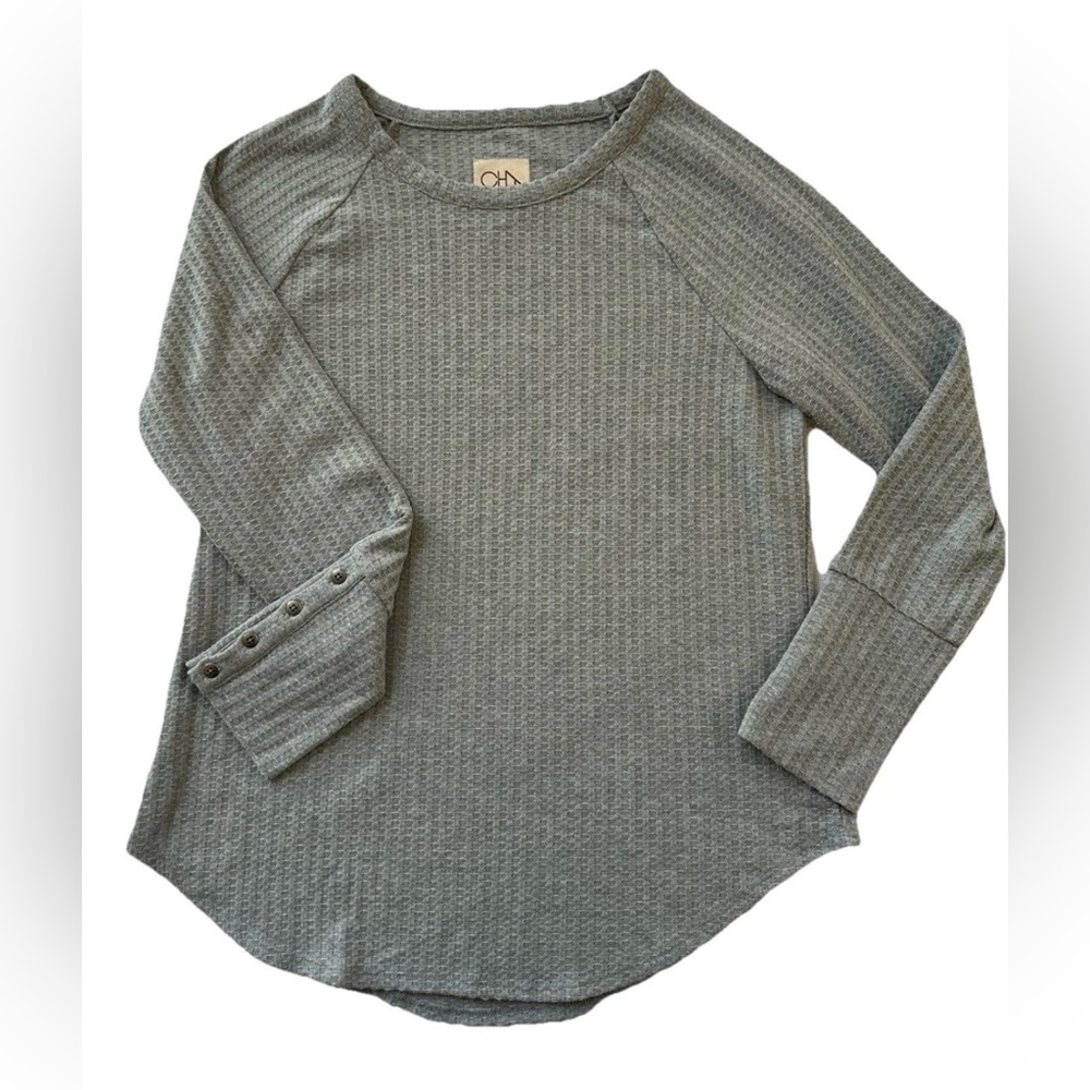 Chaser Thermal Waffle Knit Tunic Button Sleeve Grey Top -L-Cozy Slouchy Boho